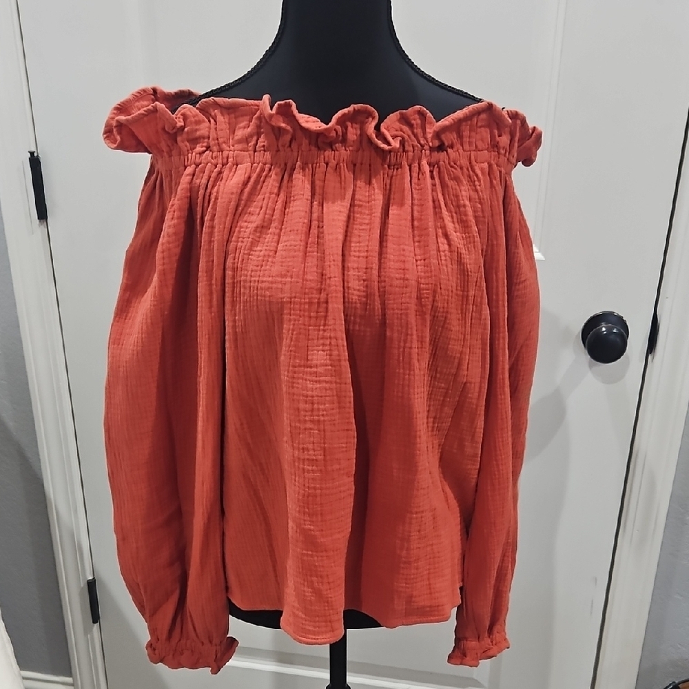 Elegant Off-Shoulder Ruffle Blouse - Coral